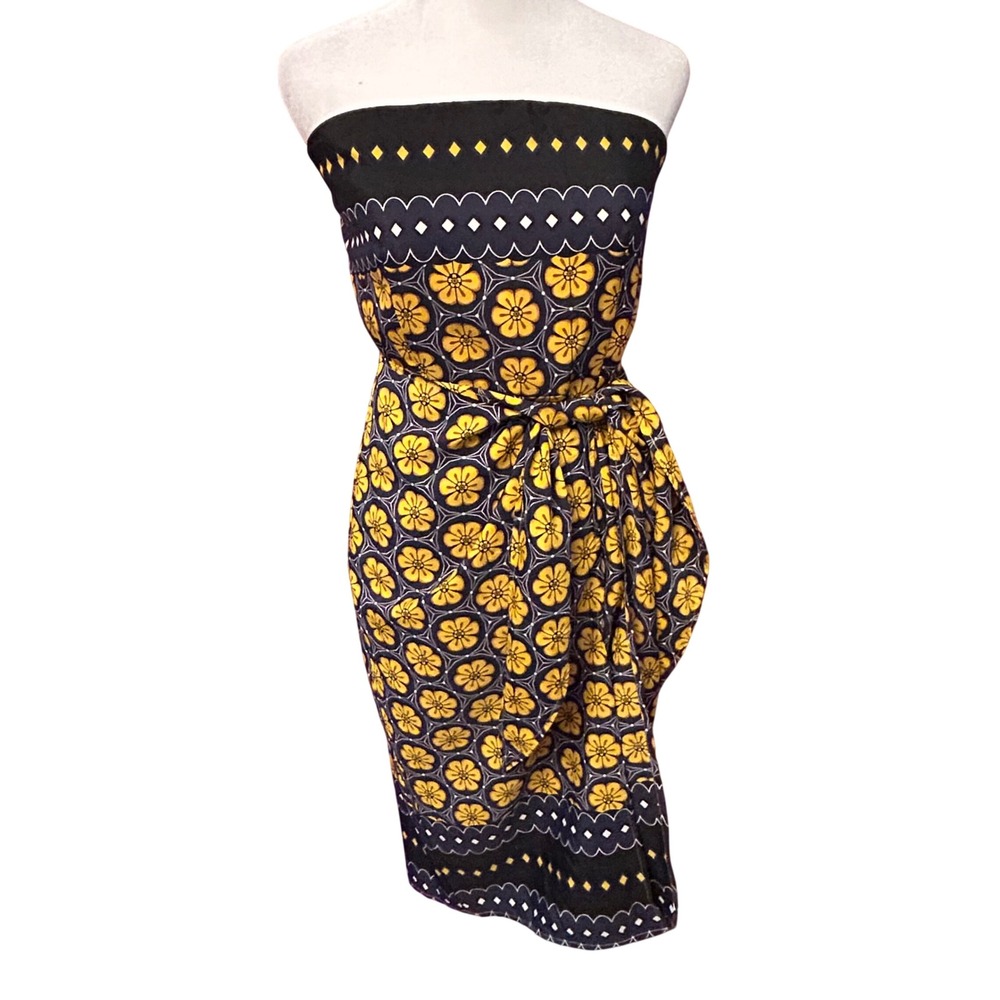 J.O.A Strapless Midi Dress Womens Medium Yellow Black Floral Excellent Tie Waist